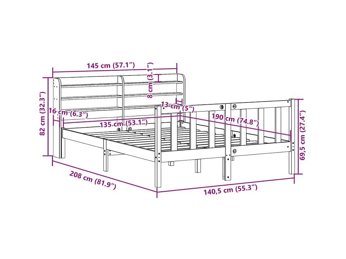 Cadre de lit sans matelas 135x190 cm bois de pin massif