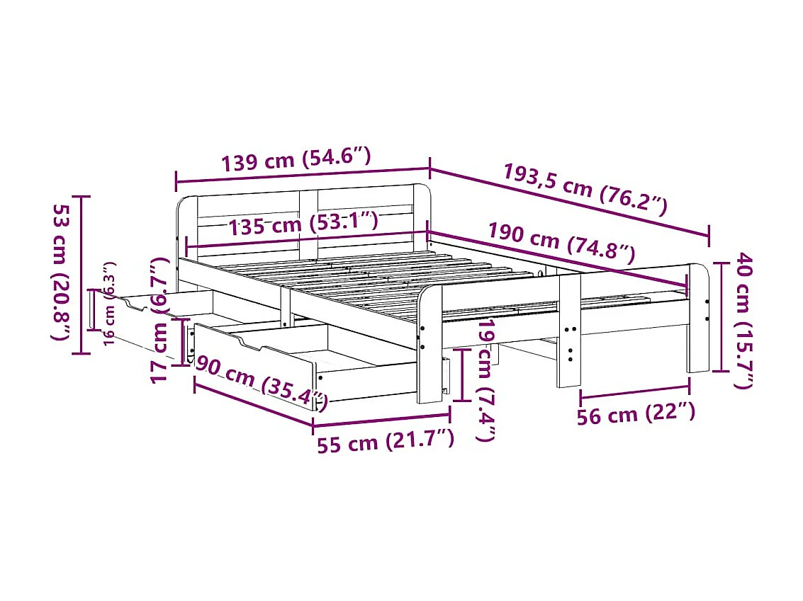 Cadre de lit sans matelas blanc 135x190 cm bois de pin massif