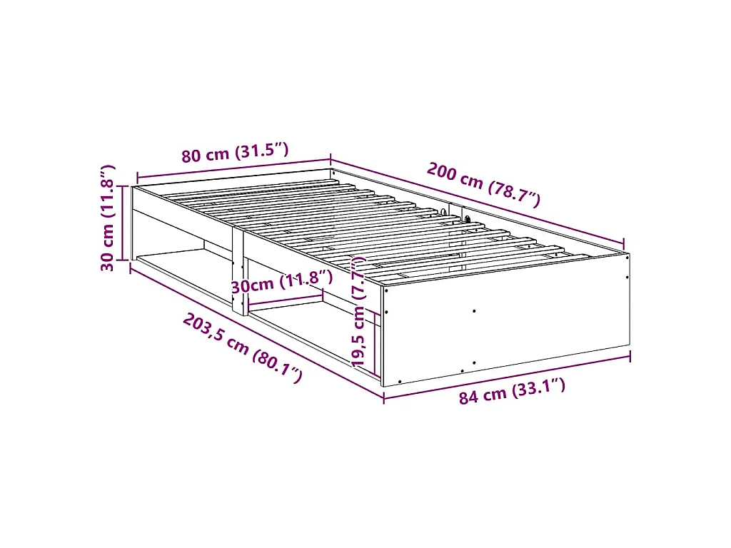 Dormeuse senza Materasso 80x200 cm in Legno Massello di Pino