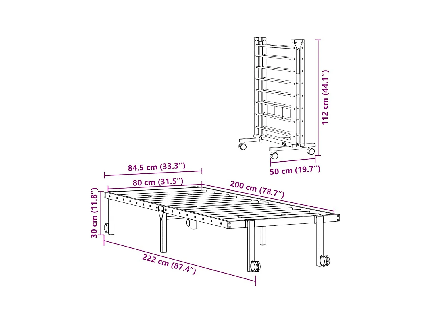 Cadre de lit pliable sans matelas blanc 80x200 cm acier
