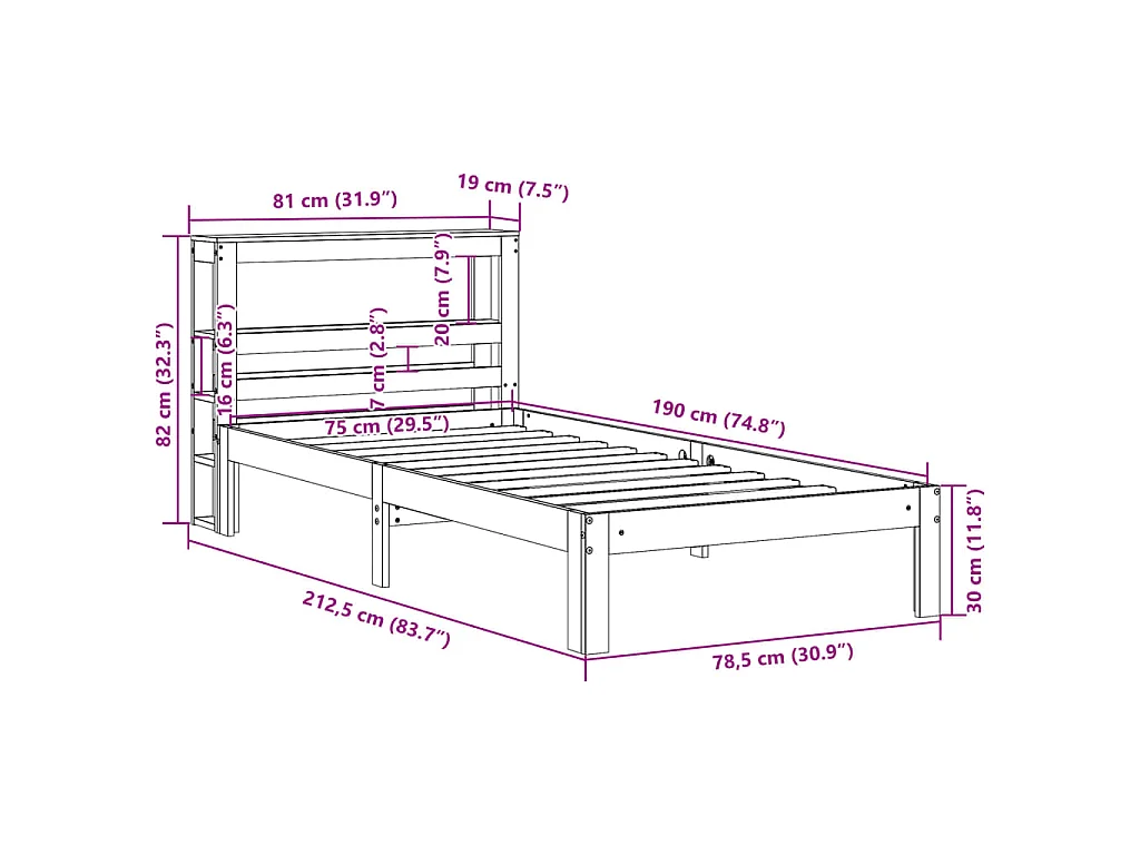 Estrutura cama c/ cabeceira 75x190 cm pinho maciço