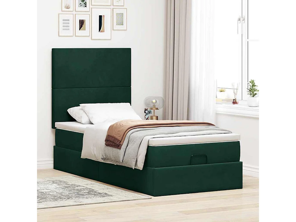 Estructura cama otomana colchones terciopelo verde oscuro