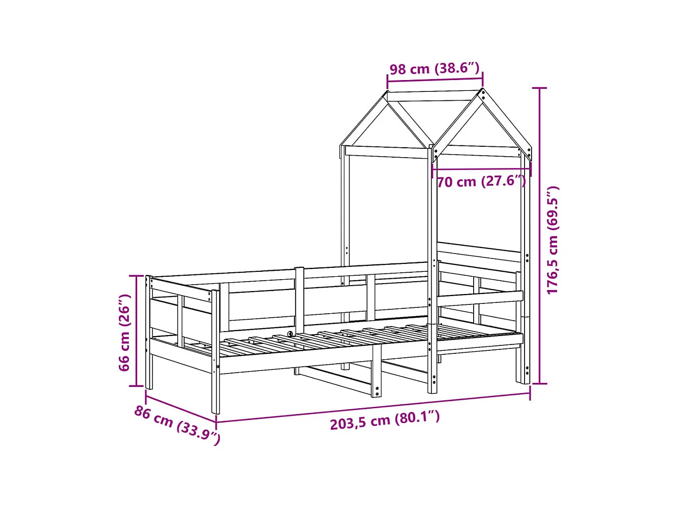 Lit de jour avec toit sans matelas blanc 80x200 cm bois massif
