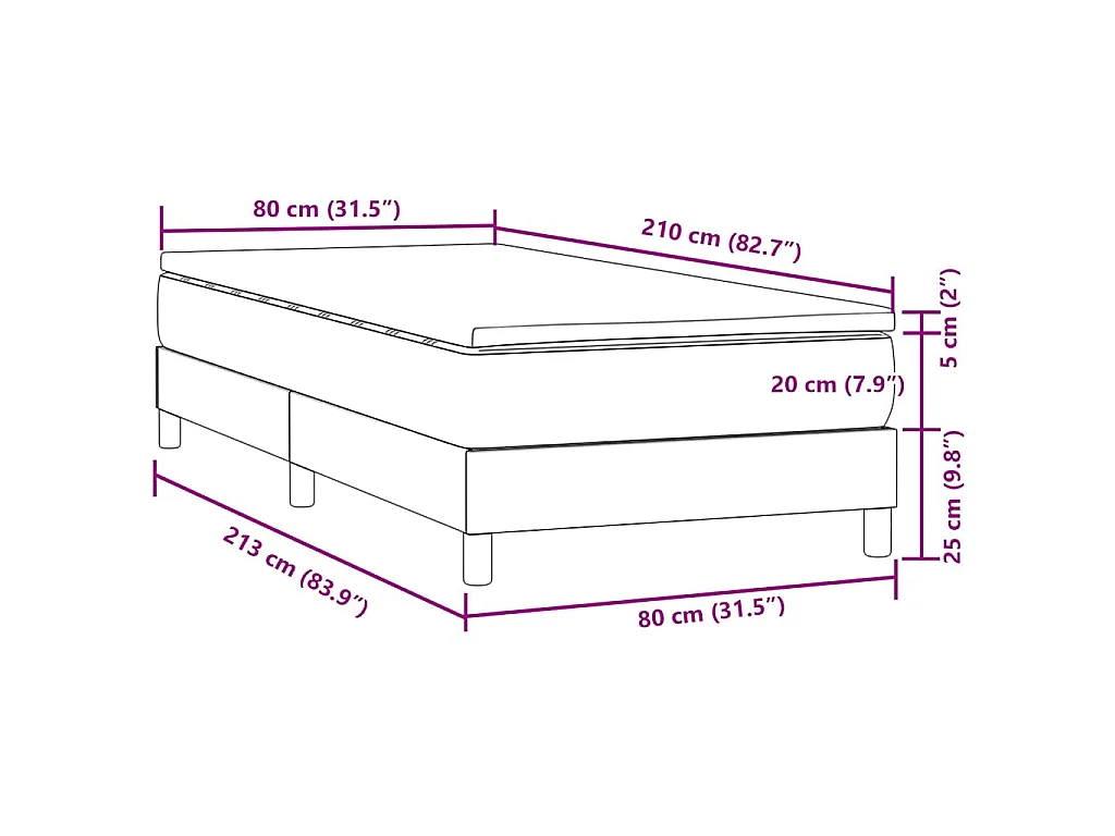 Cama box spring con colchón terciopelo gris claro 80x210 cm