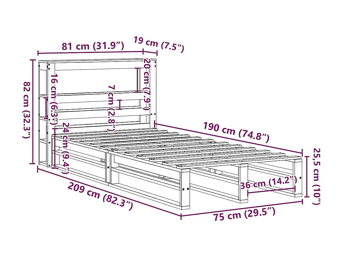 Letto senza Materasso Marrone Cera 75x190 cm in Legno di Pino