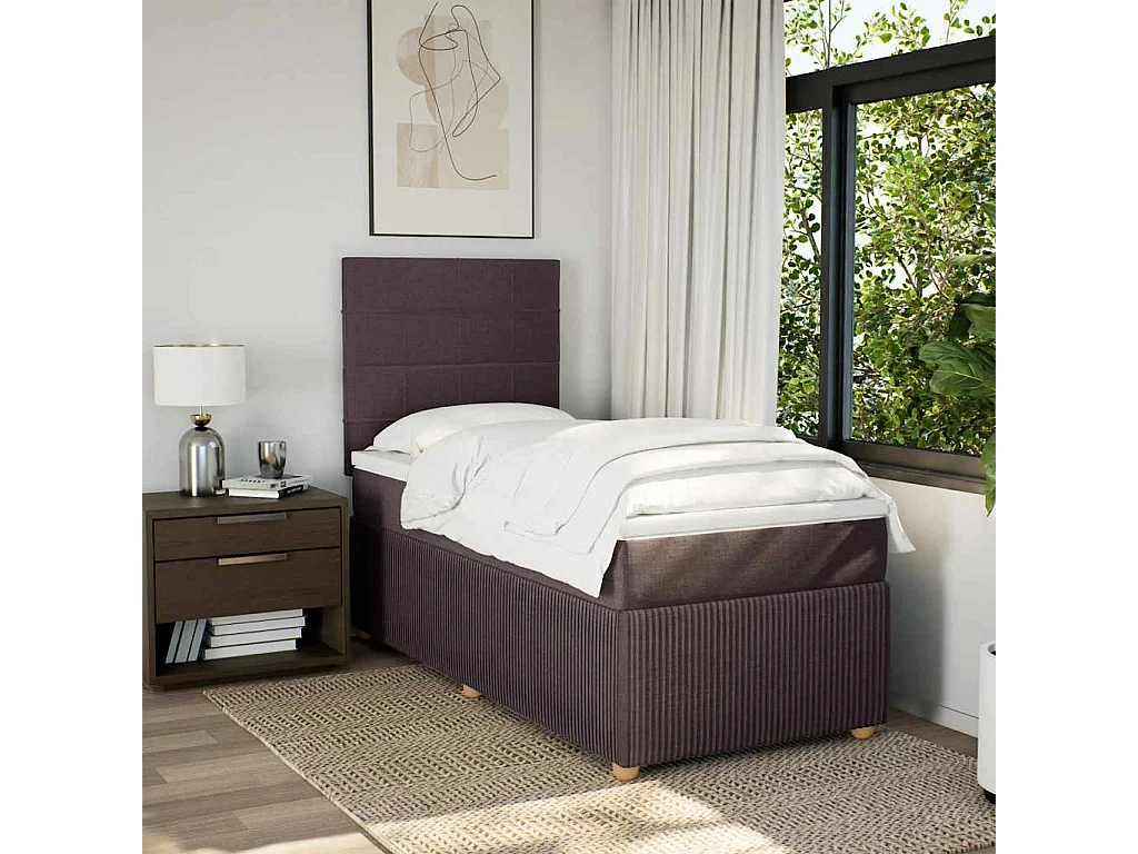 Cama box spring con colchón tela marrón oscuro 80x200 cm