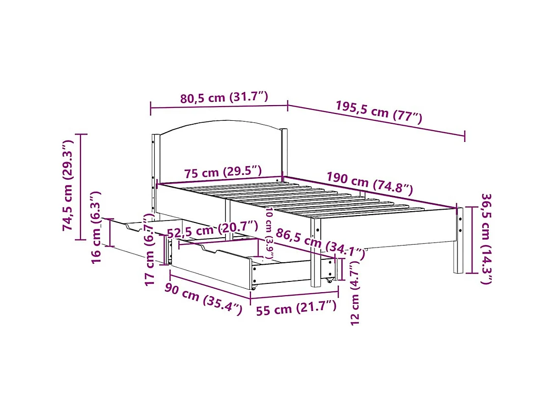 Bedframe zonder matras massief grenenhout wit 75x190 cm