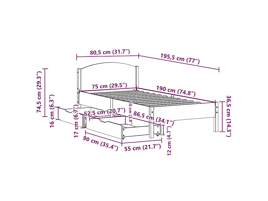 Estructura de cama sin colchón madera maciza blanca 75x190 cm