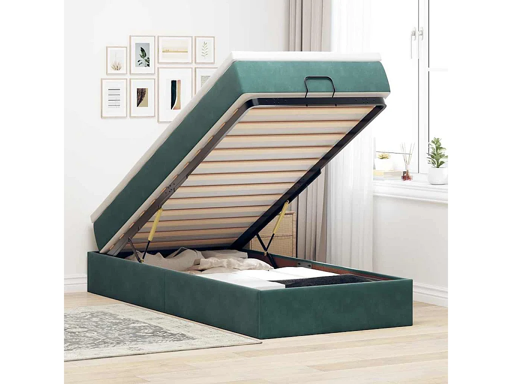 Cadre de lit ottoman avec matelas vert foncé 80x200 cm velours