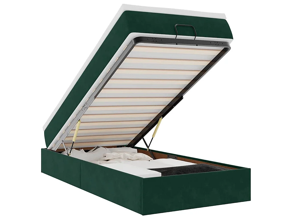 Estructura de cama otomana con colchón terciopelo verde oscuro