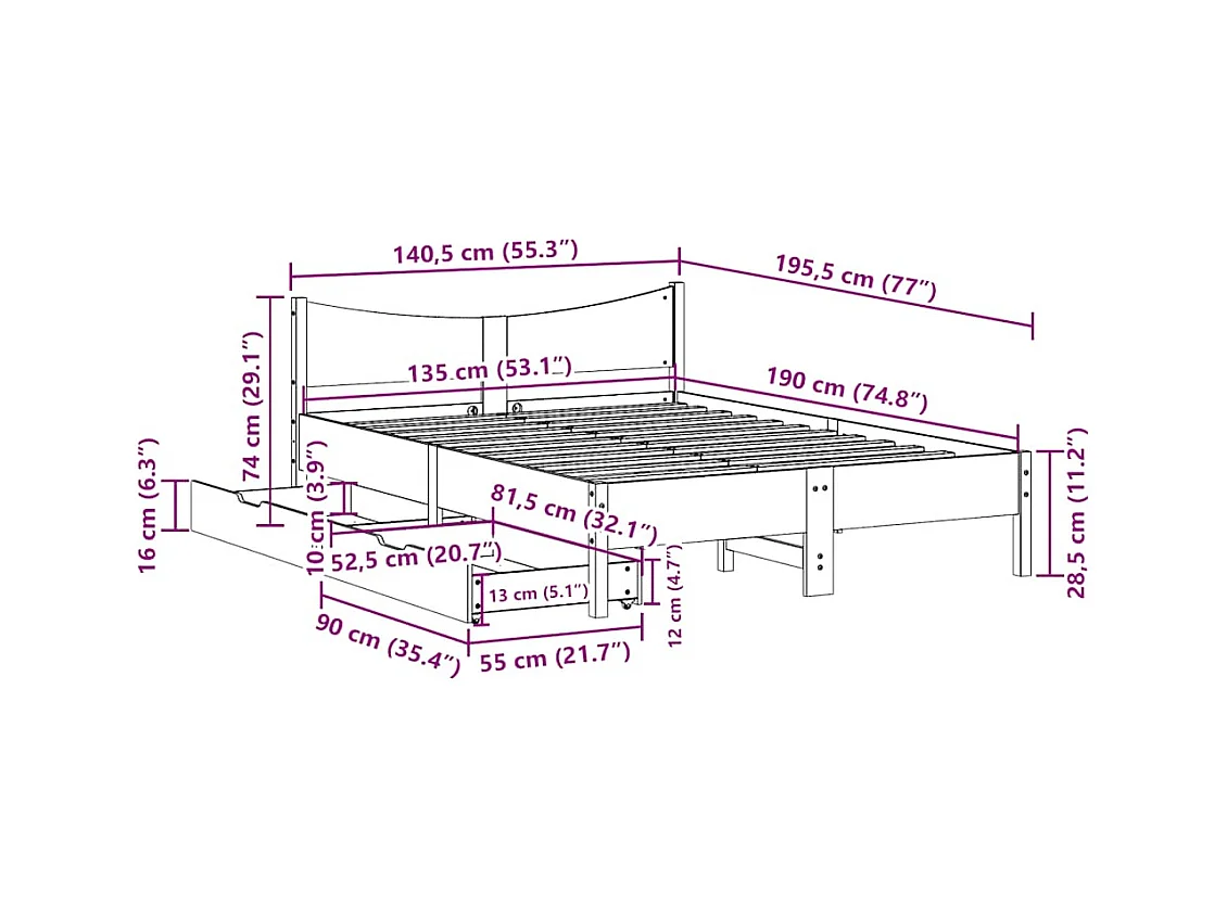 Cadre de lit avec tiroirs blanc 135x190 cm bois de pin massif