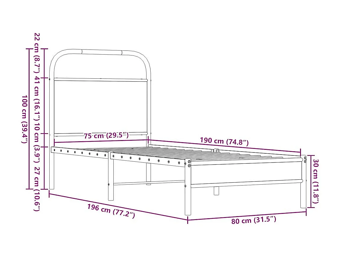 Cadre de lit sans matelas 75x190cm chêne marron bois ingénierie