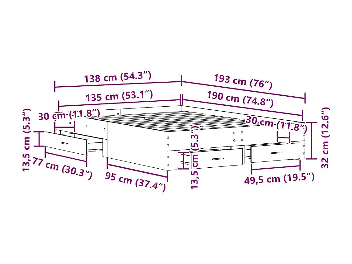 Struttura del letto Rovere Nero 135 x 190 cm Legno multistrato