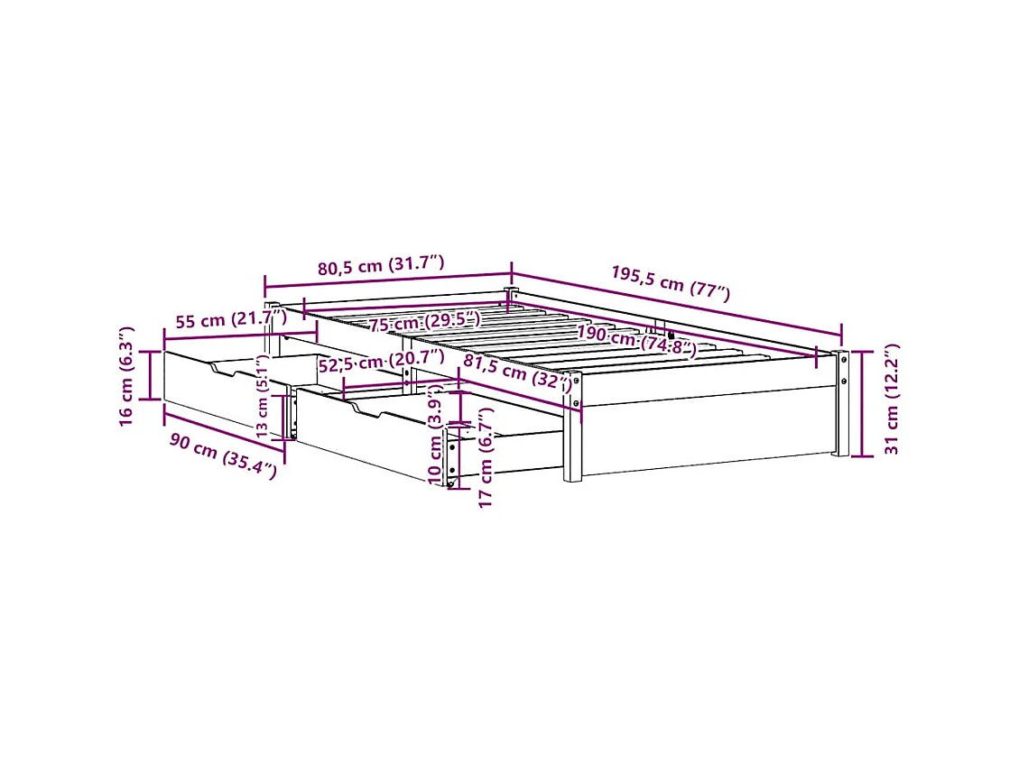 Bedframe zonder matras massief grenenhout wit 75x190 cm