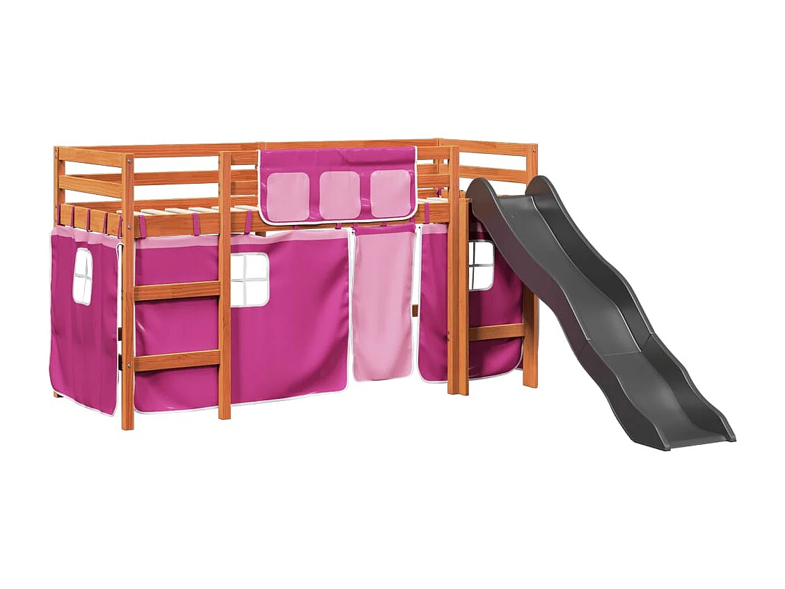 Letto a Soppalco con Tende Bambini Rosa 80x200 cm Massello Pino
