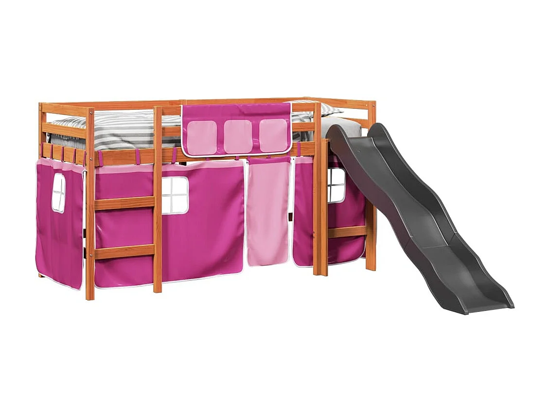 Cama alta para niños con cortinas madera pino rosa 80x200 cm