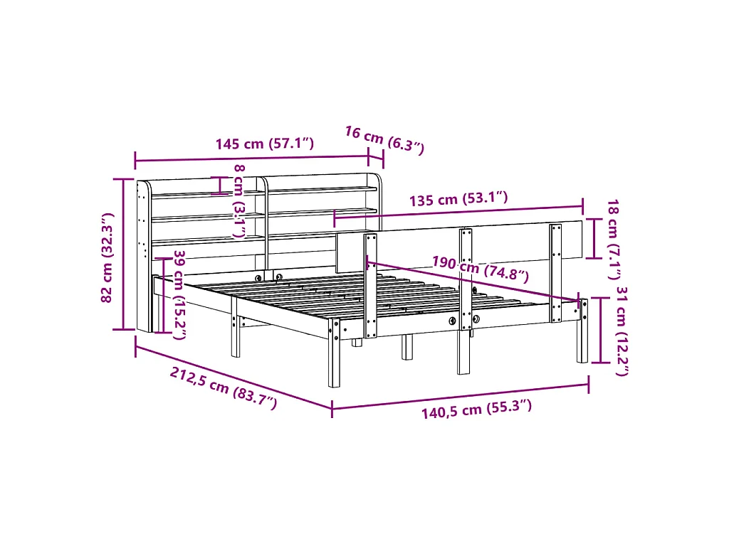 Bedframe zonder matras massief grenenhout wit 135x190 cm