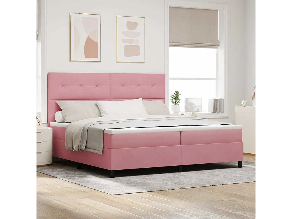 Cama Box com colchão com cabeceira Rosa 200 x 200 cm tecido