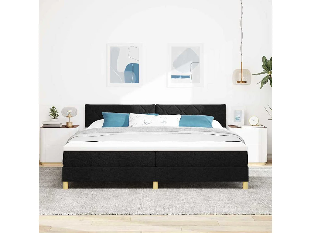 Lit à ressorts avec matelas Noir 200 x 200 cm tissu