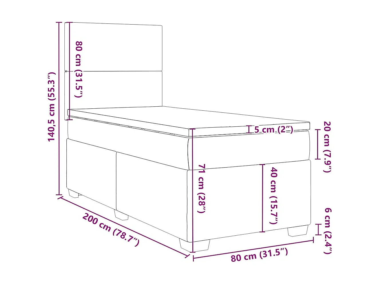 Cama box spring con colchón terciopelo rosa 80x200 cm