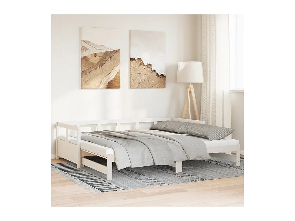 Divano Letto con Rotelle e Materasso Bianco 80x200 cm in Pino