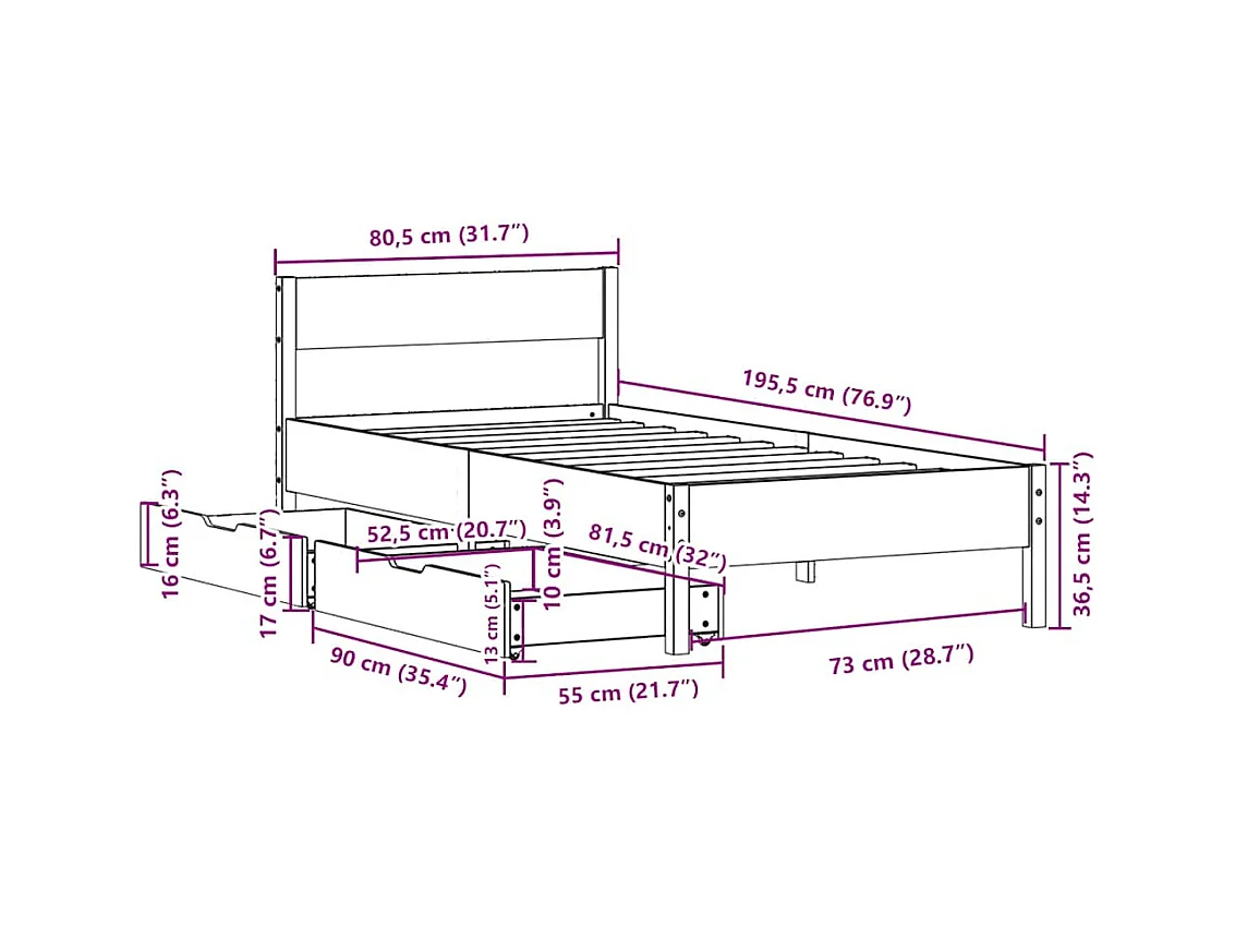Cadre de lit sans matelas blanc 75x190 cm bois de pin massif