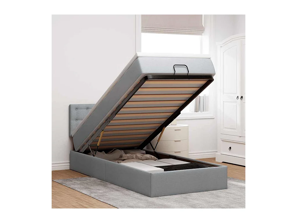 Ottomane Bett mit Matratze & LEDs Hellgrau 80x200 cm Stoff