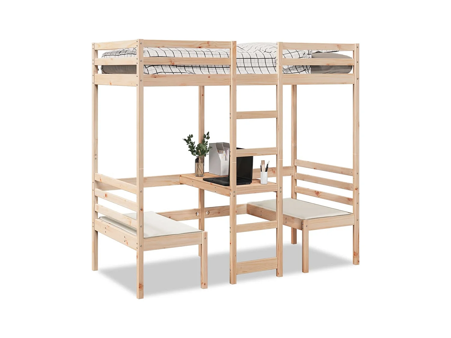 Cama alta com secretária e cadeiras 75x190 cm pinho maciço