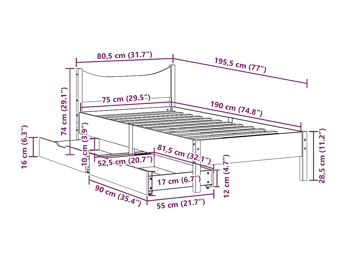 Bedframe met lades massief grenenhout 75x190 cm