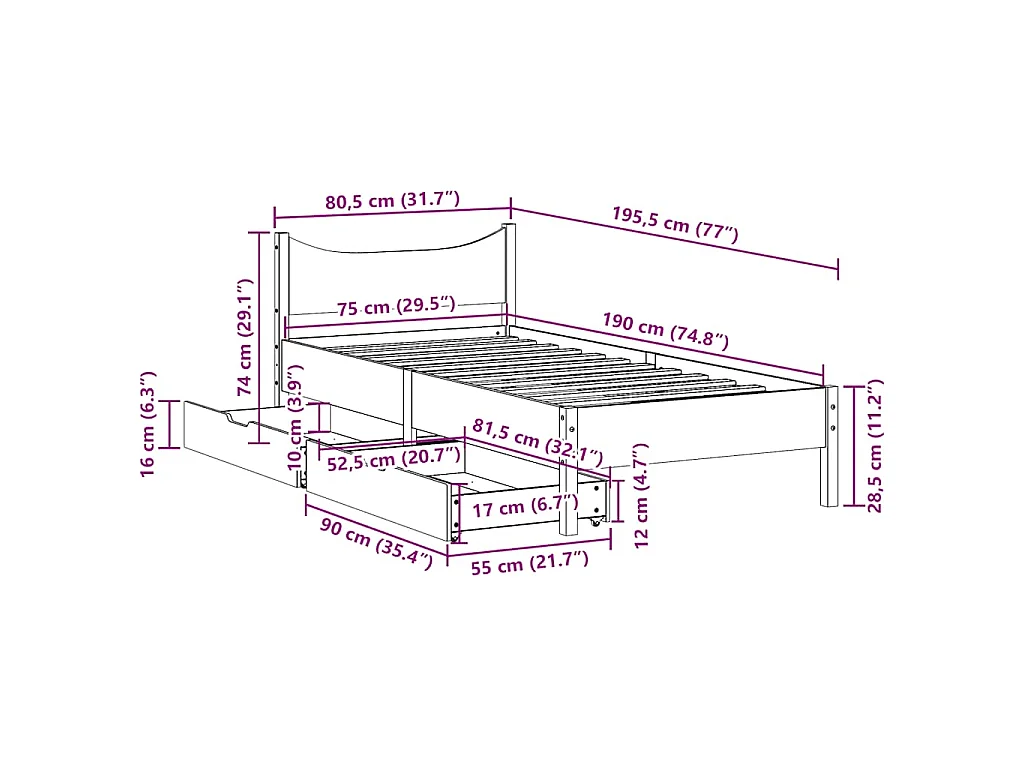 Cadre de lit avec tiroirs 75x190 cm bois de pin massif