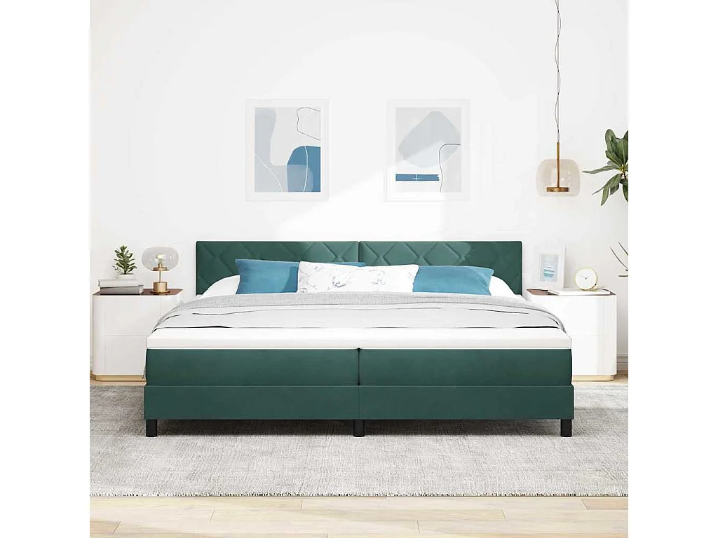 Lit à ressorts avec matelas Vert foncé 200 x 200 cm Velours