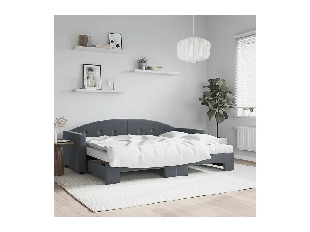 Sofá-cama c/ gavetão e colchões 80x200cm veludo cinzento-escuro