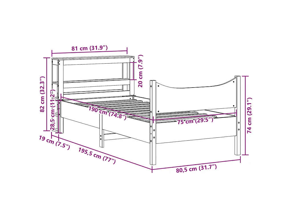 Estrutura cama c/ cabeceira 75x190 cm pinho maciço castanho-mel