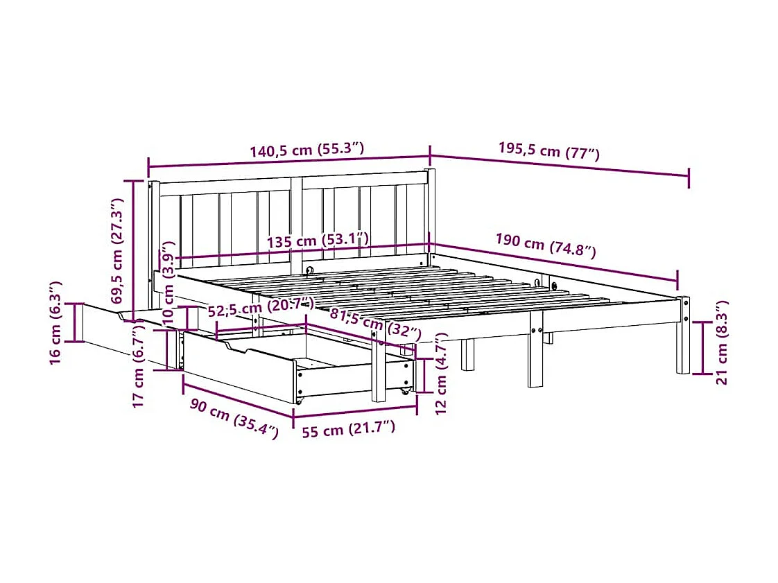 Cama sem colchão 135x190 cm madeira de pinho maciça