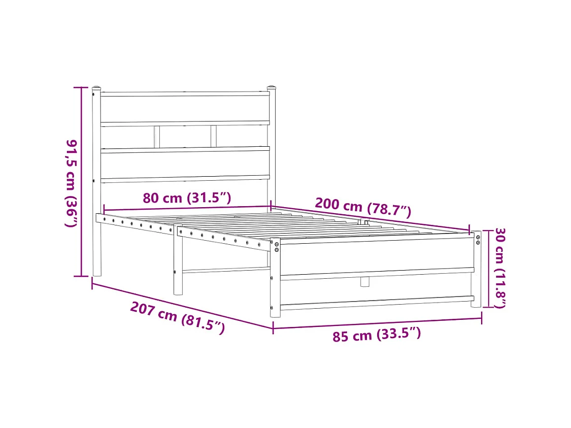 Metallbett ohne Matratze Eichen-Optik 80x200 cm