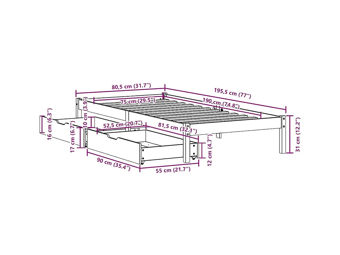 Massivholzbett ohne Matratze Weiß 75x190 cm Kiefernholz