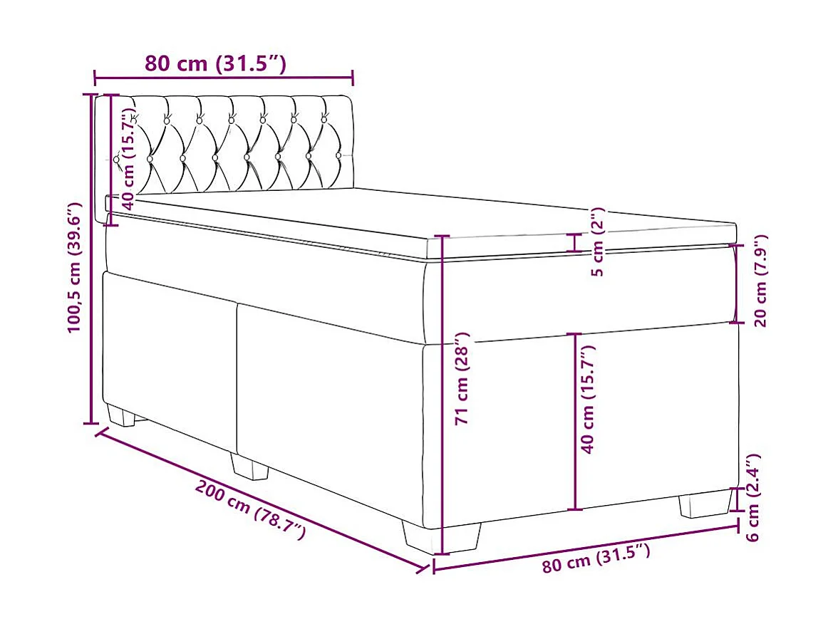 Cama box spring con colchón terciopelo rosa 80x200 cm