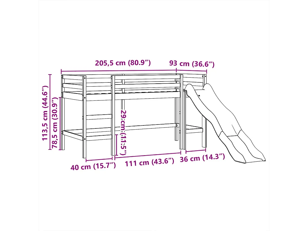 Cama alta criança c/ torre 80x200 cm pinho maciço branco/preto