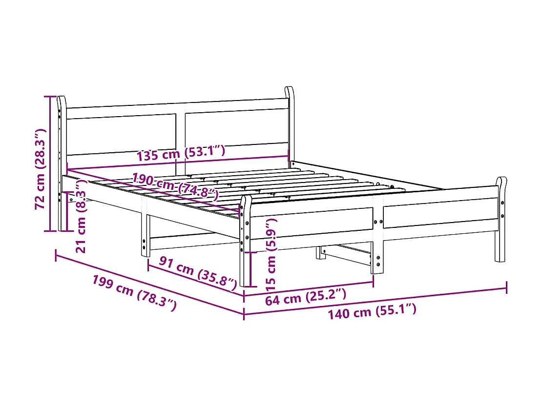 Estructura de cama sin colchón madera de pino blanco 135x190 cm