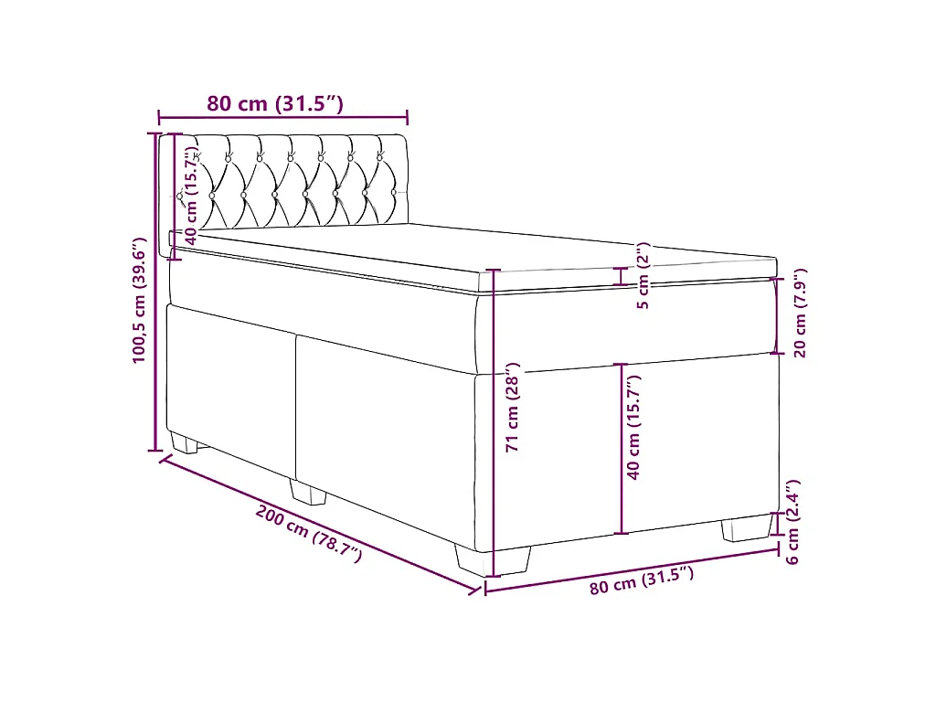 Cama box spring con colchón terciopelo azul oscuro 80x200 cm