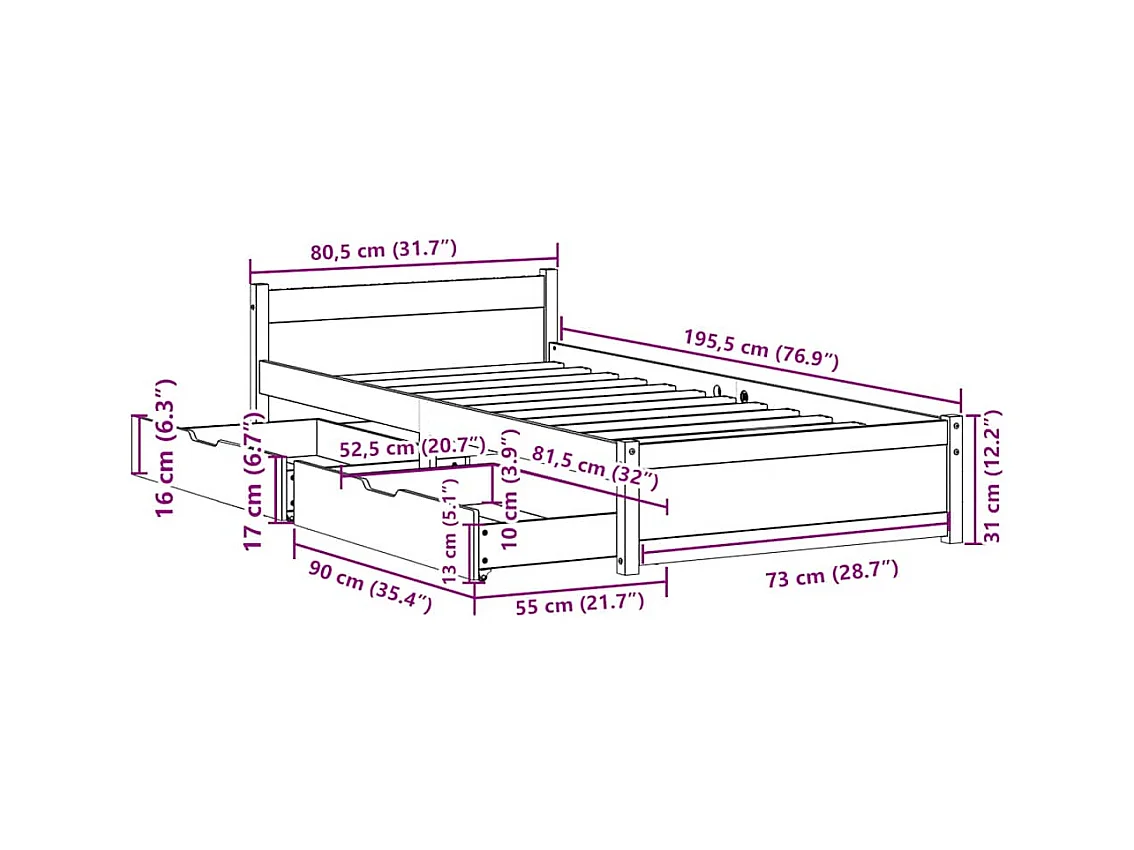Estructura de cama sin colchón madera maciza blanca 75x190 cm
