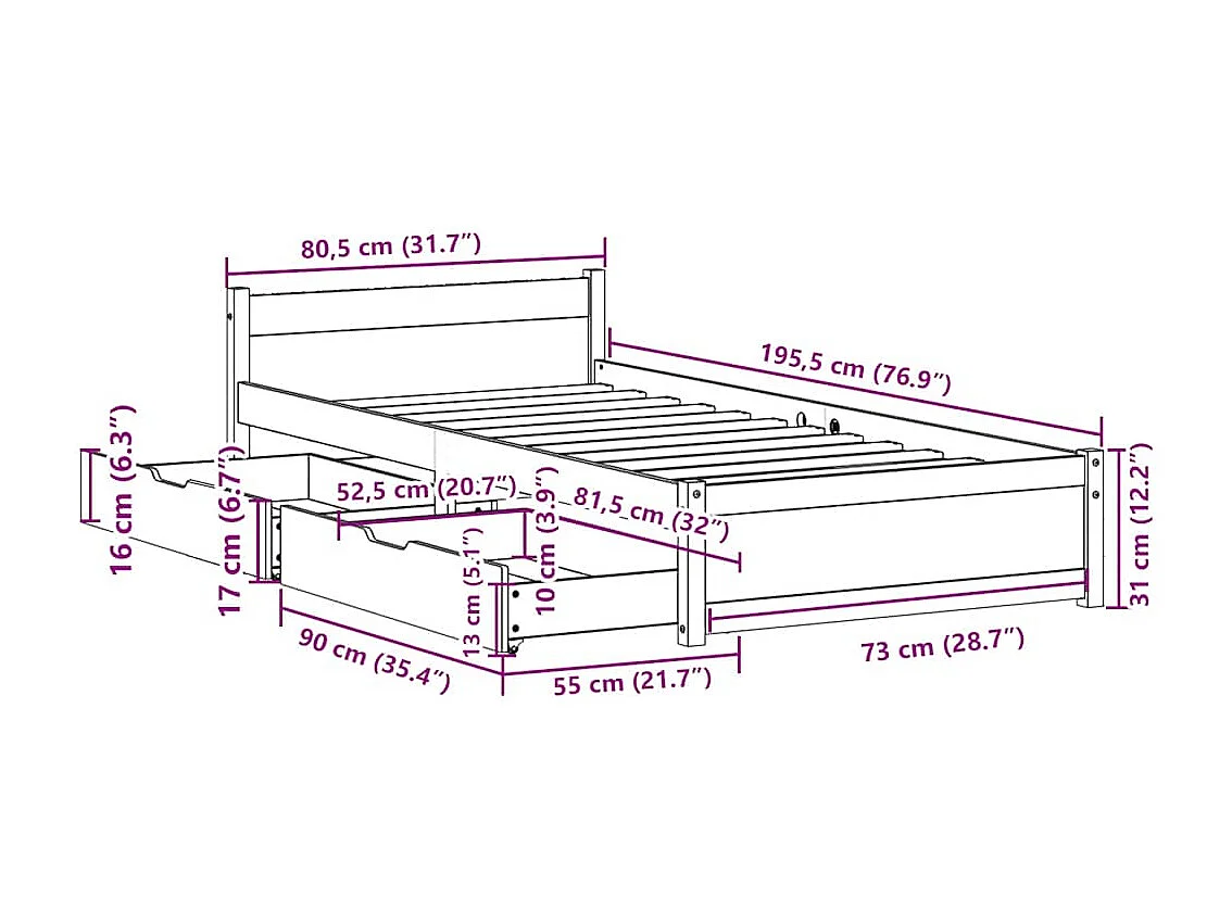 Letto senza Materasso Bianco 75x190 in Legno Massello di Pino