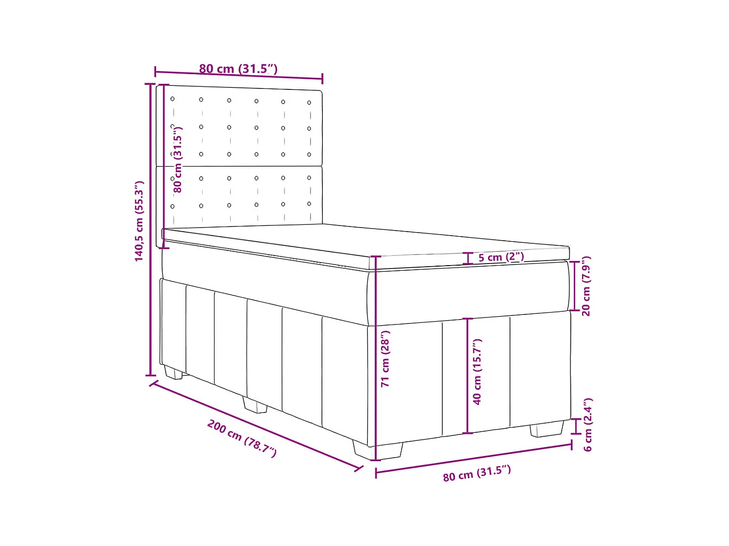 Boxspringbett mit Matratze Schwarz 80x200 cm Stoff