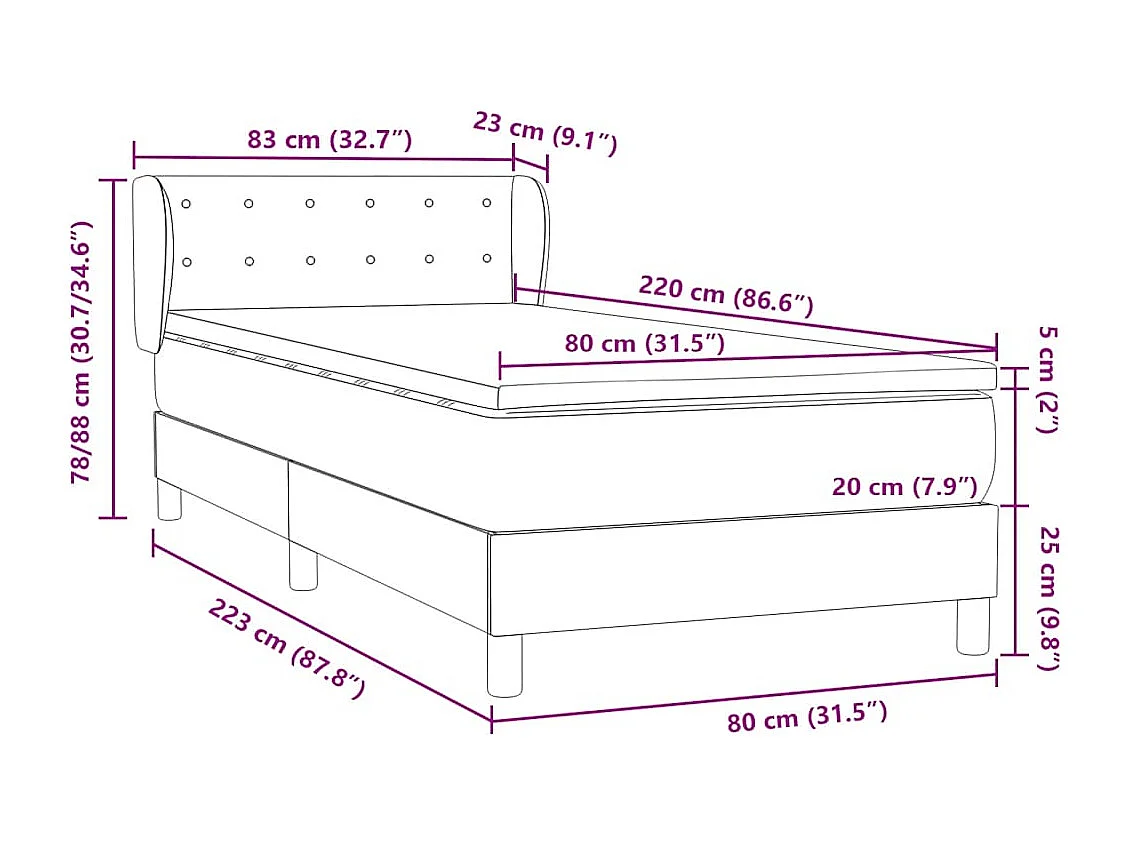 Cama box spring con colchón terciopelo rosa 80x220 cm