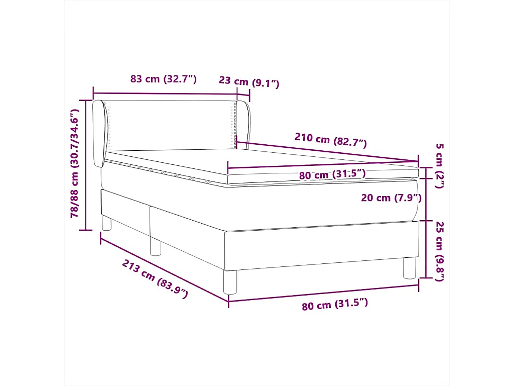 Cama box spring con colchón terciopelo gris claro 80x210 cm