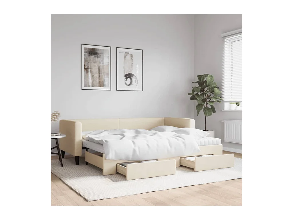 Lit de jour avec gigogne et tiroirs crème 80x200 cm tissu