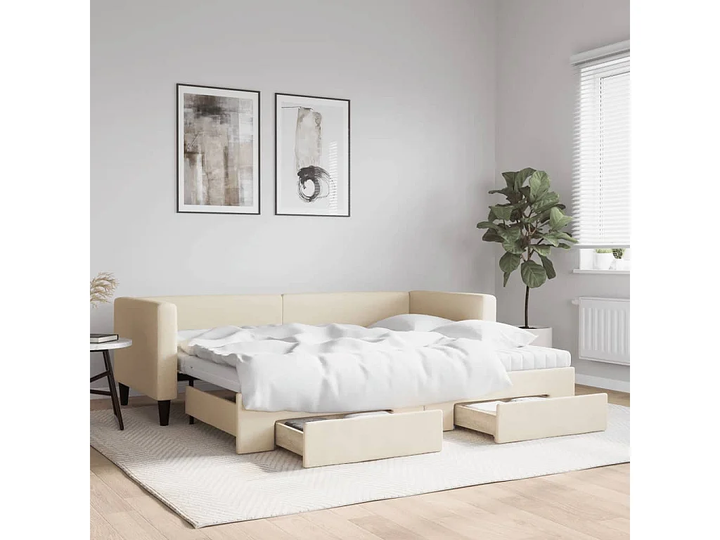 Tagesbett Ausziehbar mit Schubladen Creme 80x200 cm Stoff