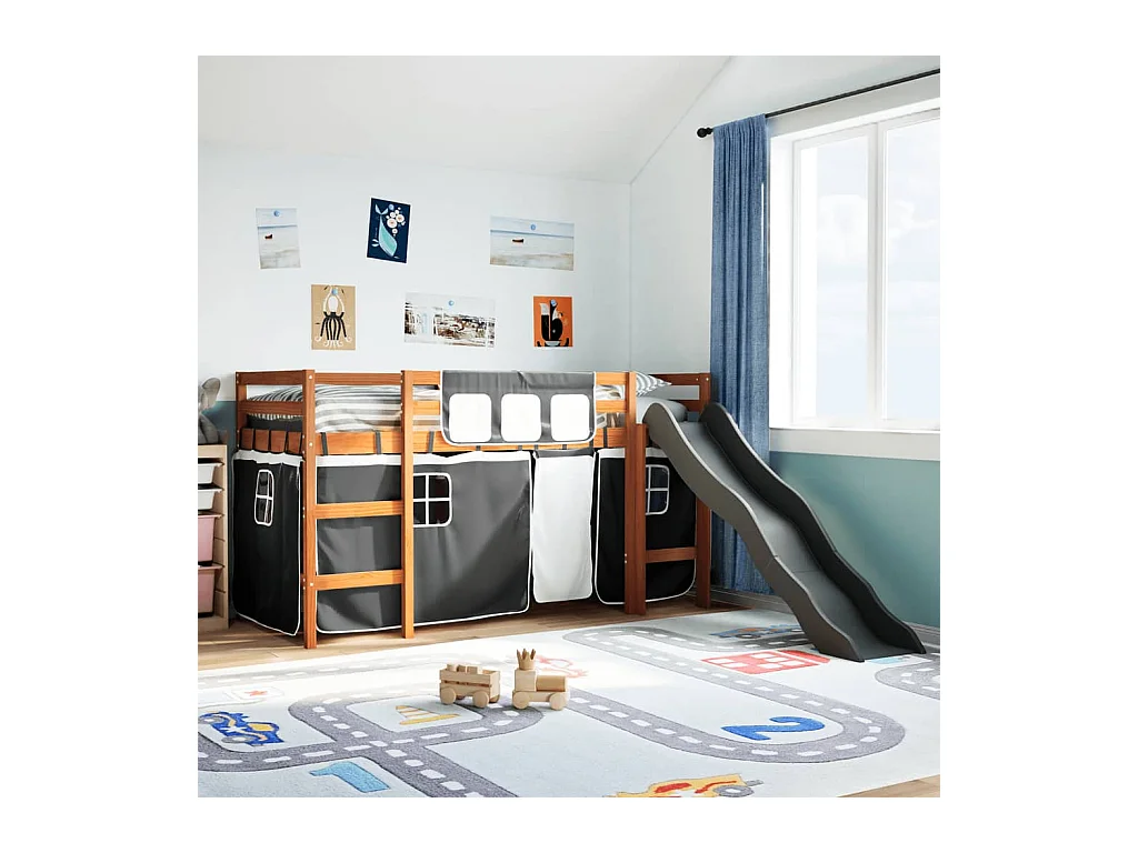Lit mezzanine enfants et rideaux blanc/noir 80x200cm pin massif
