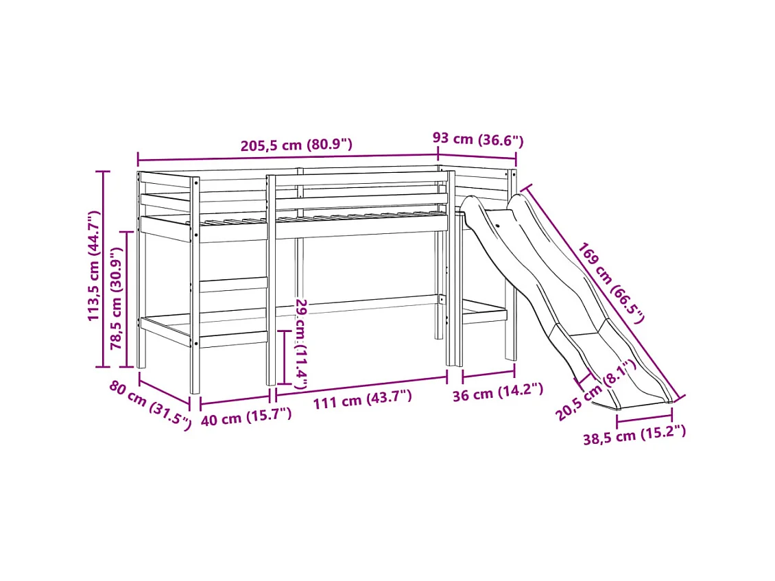 Lit mezzanine enfants et rideaux blanc/noir 80x200cm pin massif