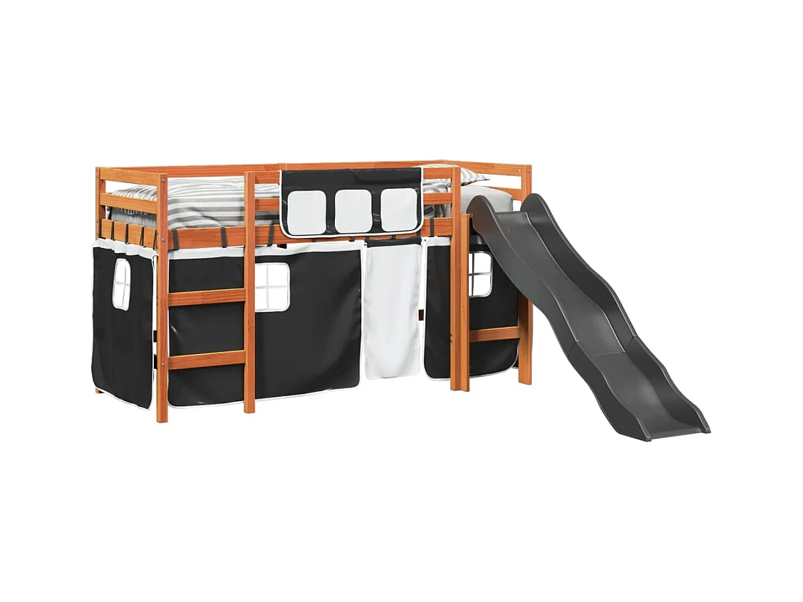 Lit mezzanine enfants et rideaux blanc/noir 80x200cm pin massif
